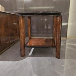Rounded Square Burl-Veneer Sofa Side Table with Layered Top, Tapered Legs and Lower Display Shelf